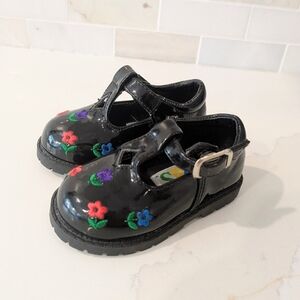 Vintage SEARS kids Black Patent Embroidered Dress Baby Shoes